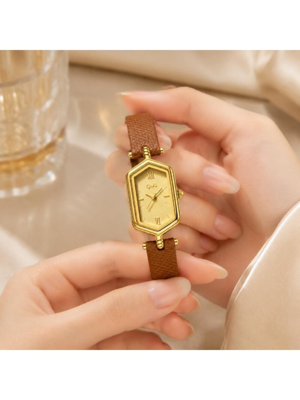 Women's Brown Gold Vintage Slim Leather Strap Bracelet Hexagon Case Wrist Watch - Picture 4 of 4
